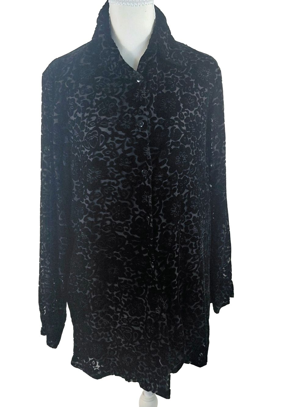 Annie Alexander Black Burnout Velvet Button-Up Blouse Sz Medium Whimsigoth